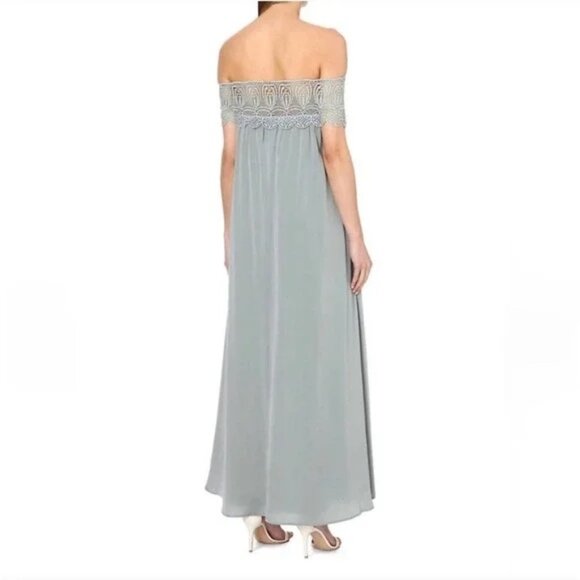 Self Portrait Bardot Lace Shouldered Maxi Dress Ice Grey Size 2 - Picture 8 of 12